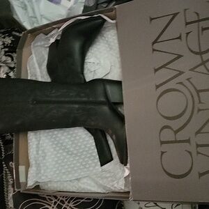 Leather boots,  NWT, black with design.